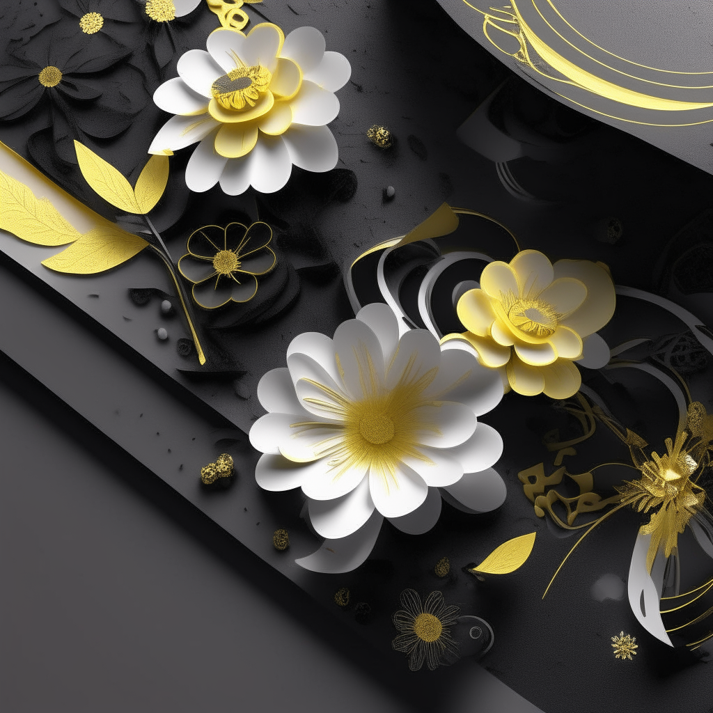 wedding invitations, long 3d black royale design, white, black, yellow flowers uses and classic aesthetic. , high detail , 4k”