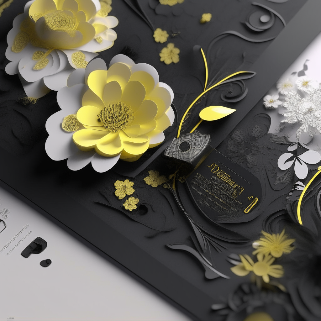 wedding invitations, long 3d black royale design, white, black, yellow flowers uses and classic aesthetic. , high detail , 4k”