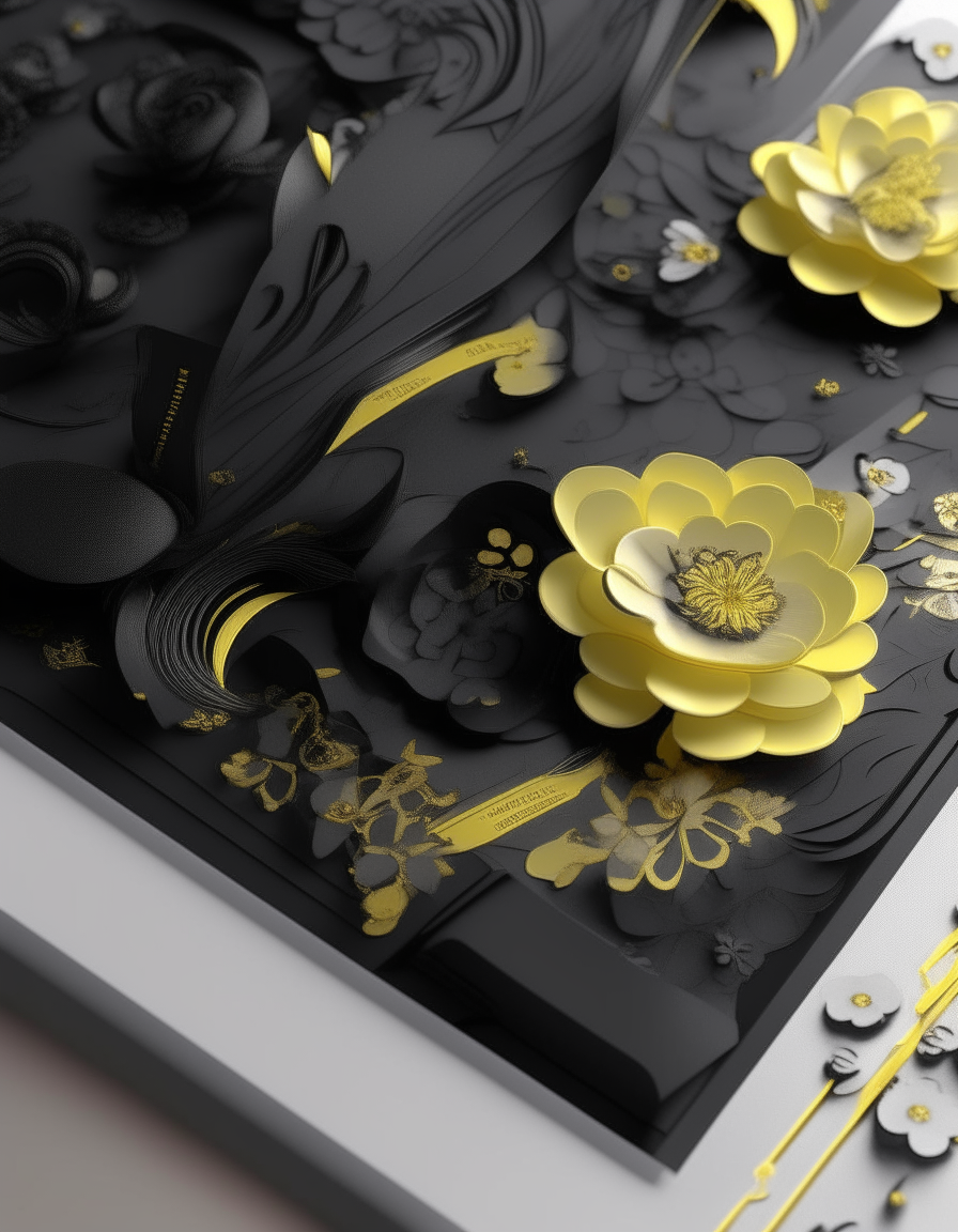 wedding invitations, long 3d black royale design, white, black, yellow flowers uses and classic aesthetic. , high detail , 4k”