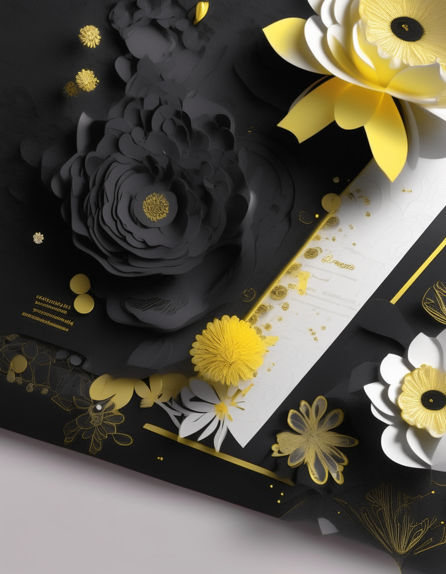 wedding invitations, long 3d black royale design, white, black, yellow flowers uses and classic aesthetic. , high detail , 4k”