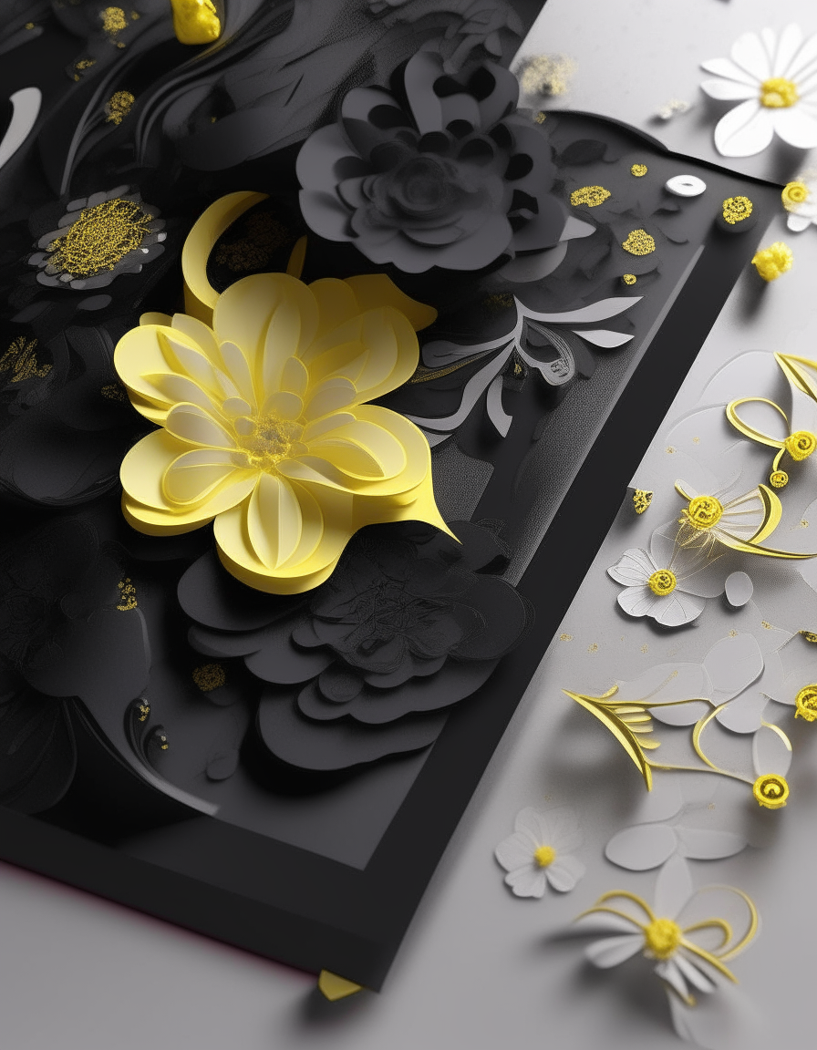 wedding invitations, long 3d black royale design, white, black, yellow flowers uses and classic aesthetic. , high detail , 4k”