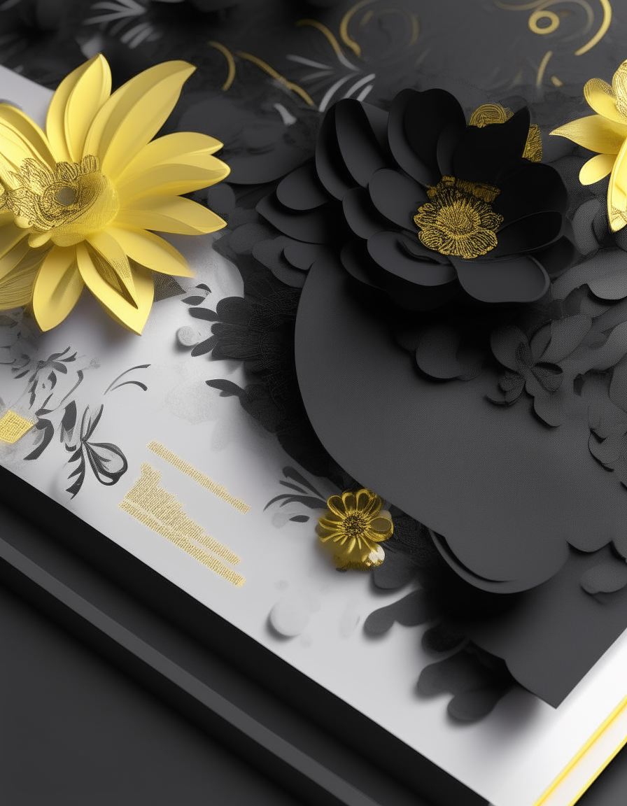 wedding invitations, long 3d black royale design, white, black, yellow flowers uses and classic aesthetic. , high detail , 4k”