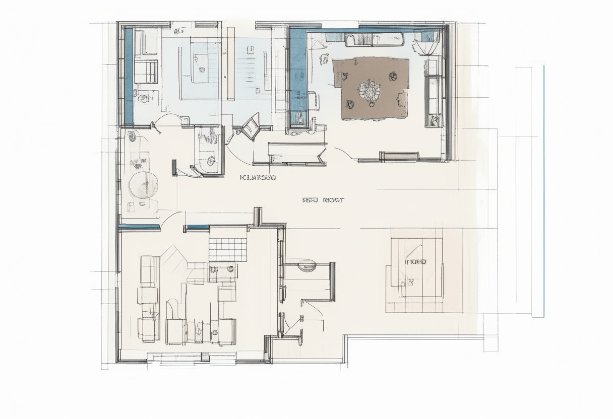 A basic floorplan sketch of a 12 meter wide duplex, with labels for a 1 bedroom, 1 bathroom, dining area and kitchen in each unit