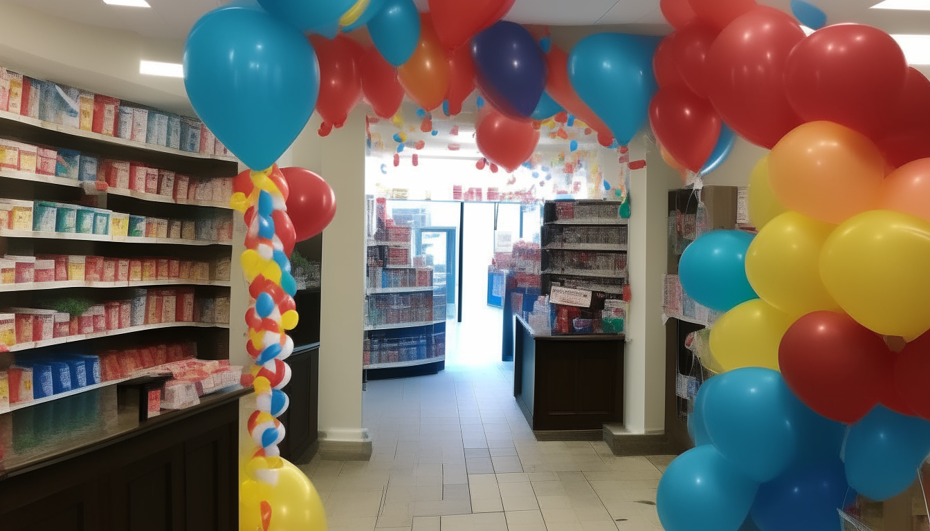 a fun, welcoming pharmacy with balloons and streamers