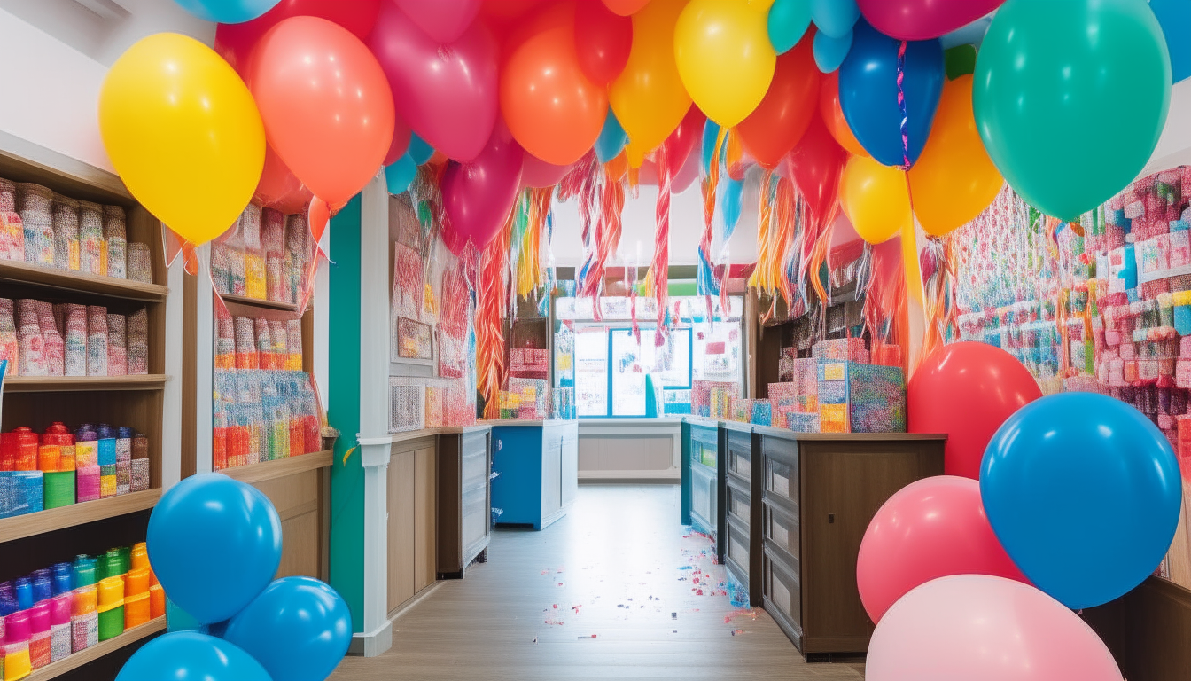 a colorful, welcoming pharmacy with balloons and streamers