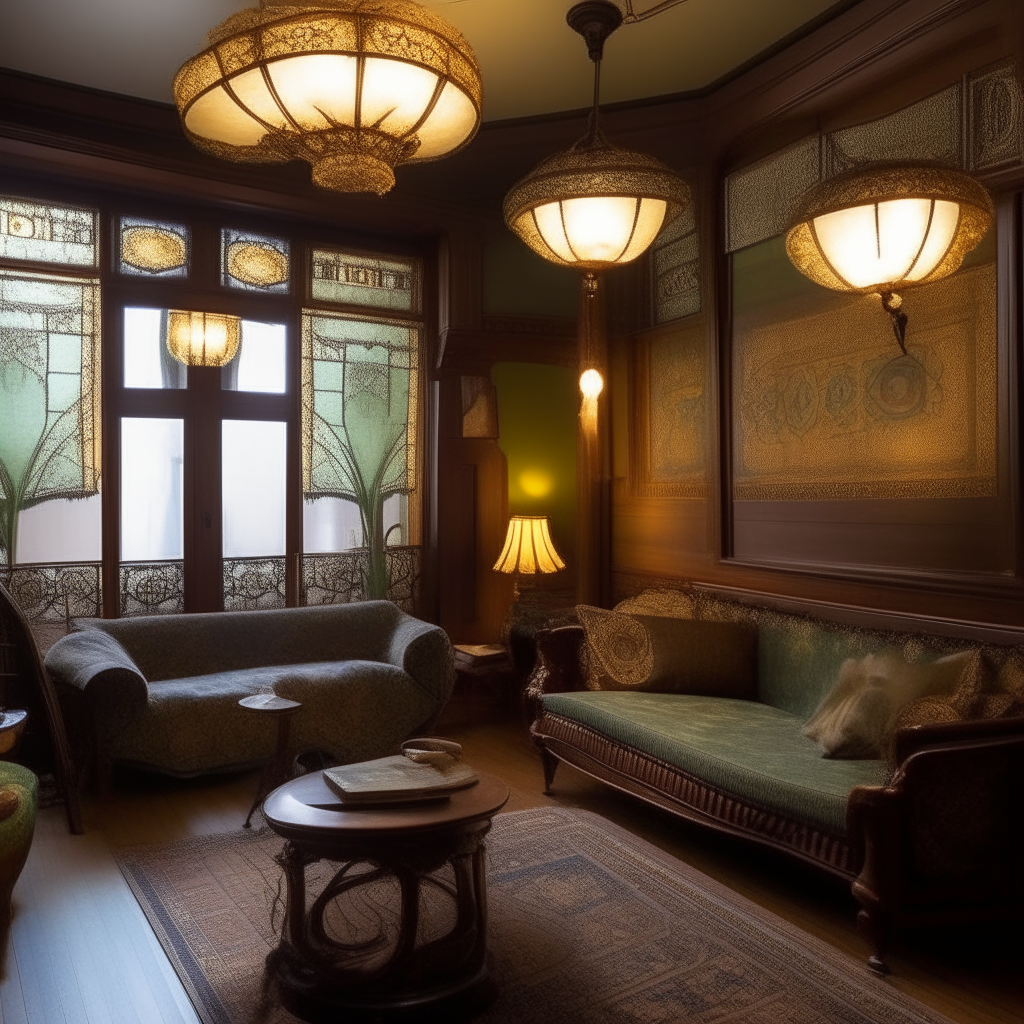 Un lussuoso interni in stile Art Nouveau di una sala dell'oppio, con divani in velluto, lampade soffuse, tavolini intarsiati, e pipe dell'oppio