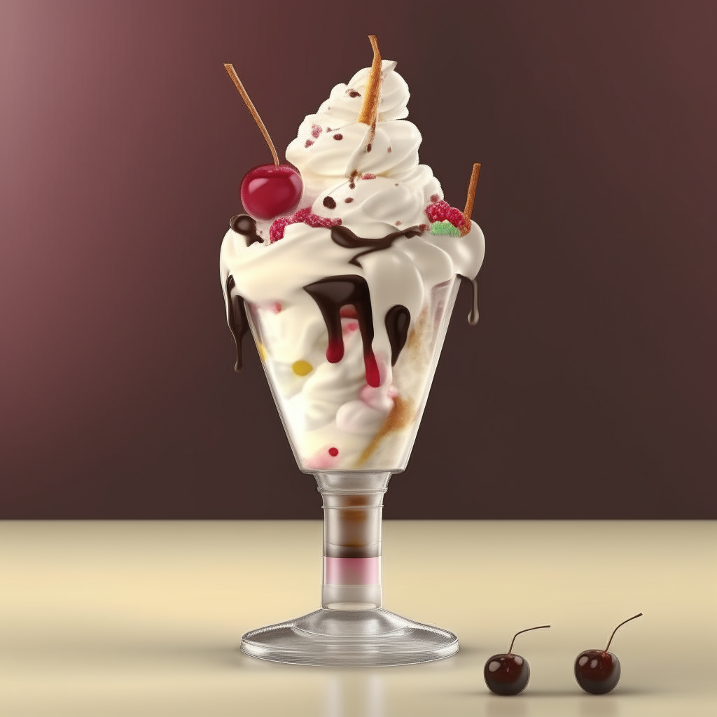 a delicious triple scoop ice cream sundae in a tall glass with whipped cream, sprinkles, cherry on top, photorealistic