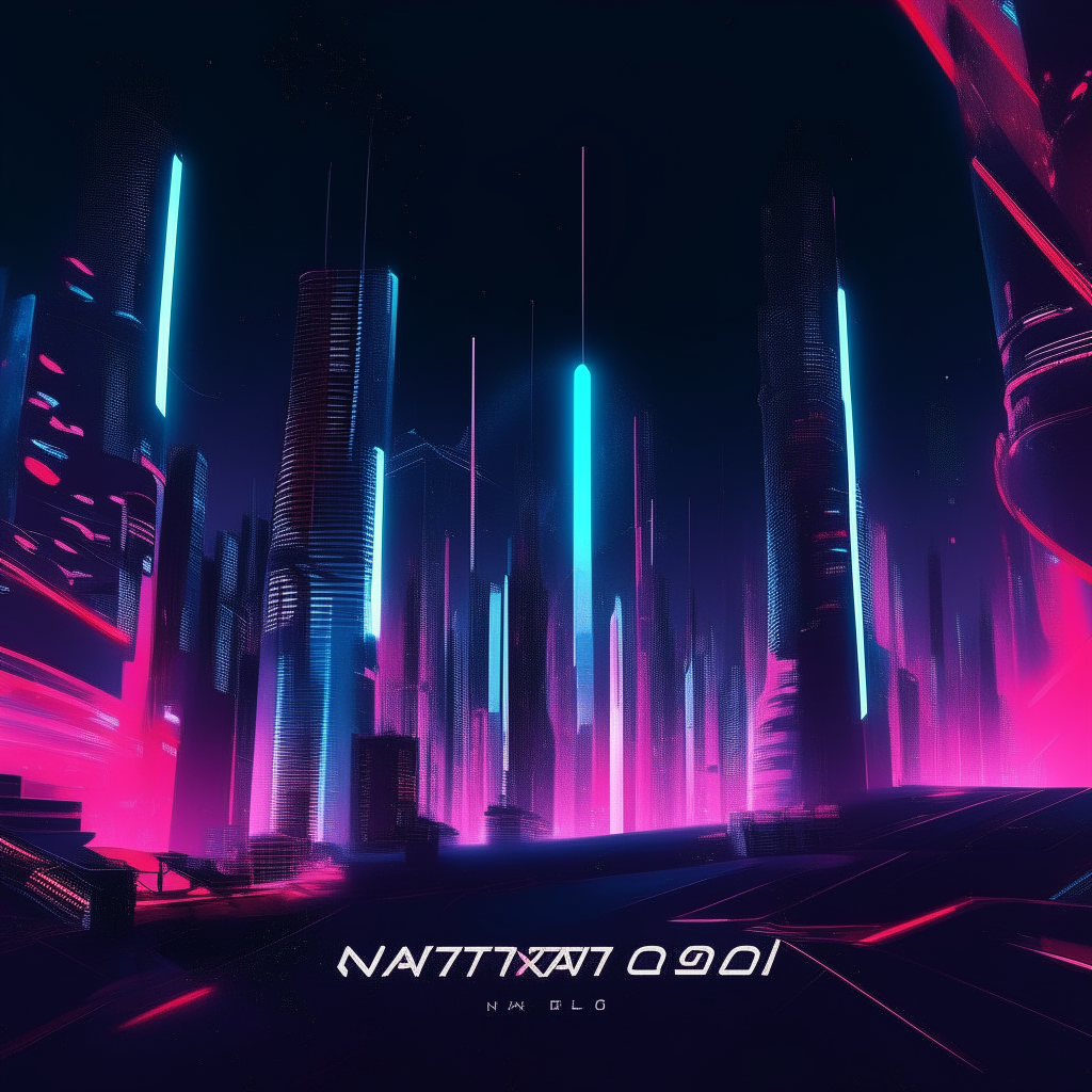 a futuristic cityscape with tall buildings and neon lights at night