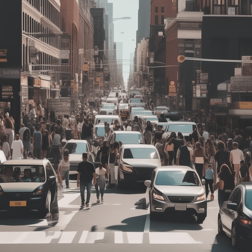 a busy city street with cars and people walking