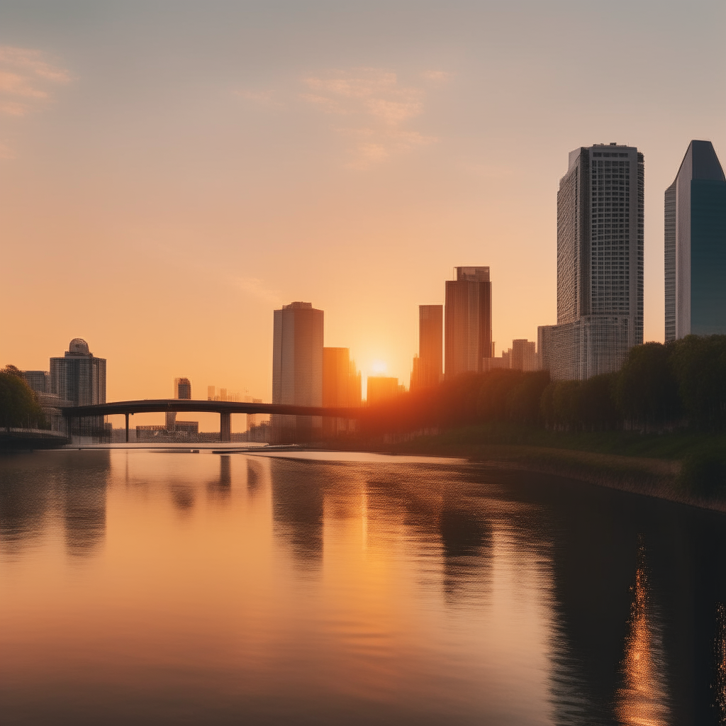 a city skyline with skyscrapers next to a river at sunset