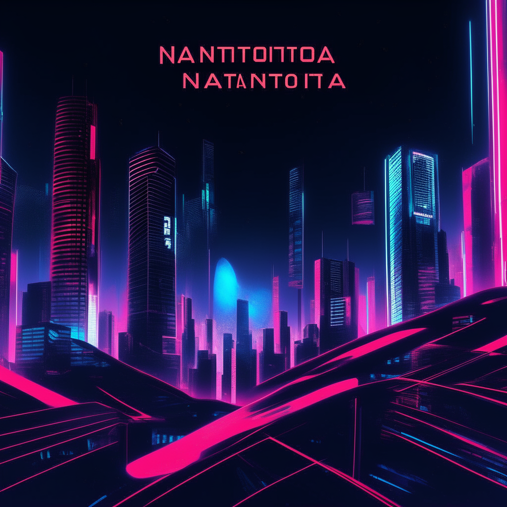 a futuristic cityscape with neon lights and tall buildings at night