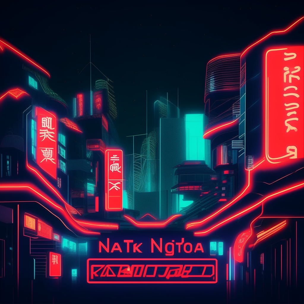 a retro futuristic townscape with retro neon lights and small buildings at night