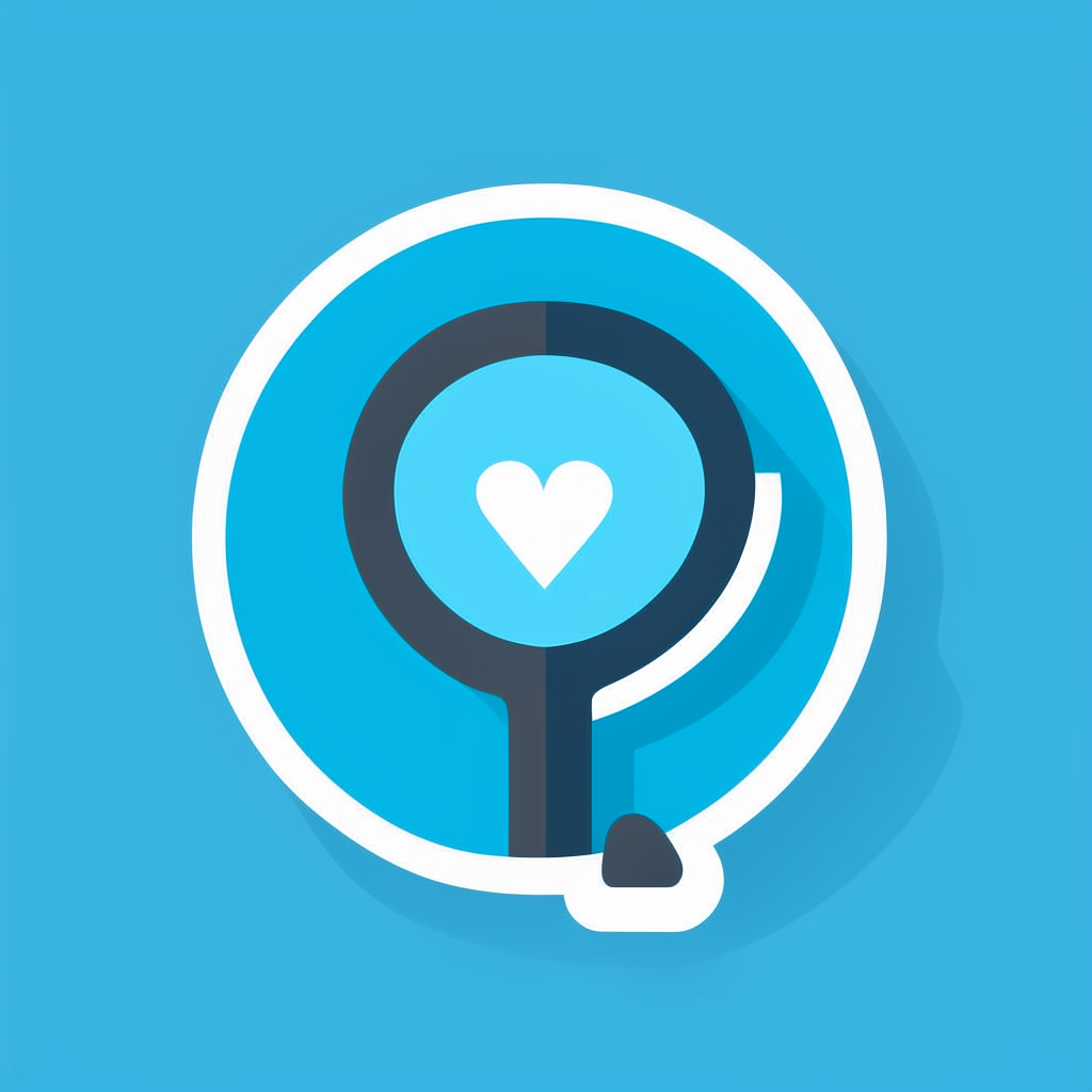 A square logo with a magnifying glass tilted diagonally in the center, with a heart shape inside it, on a blue background