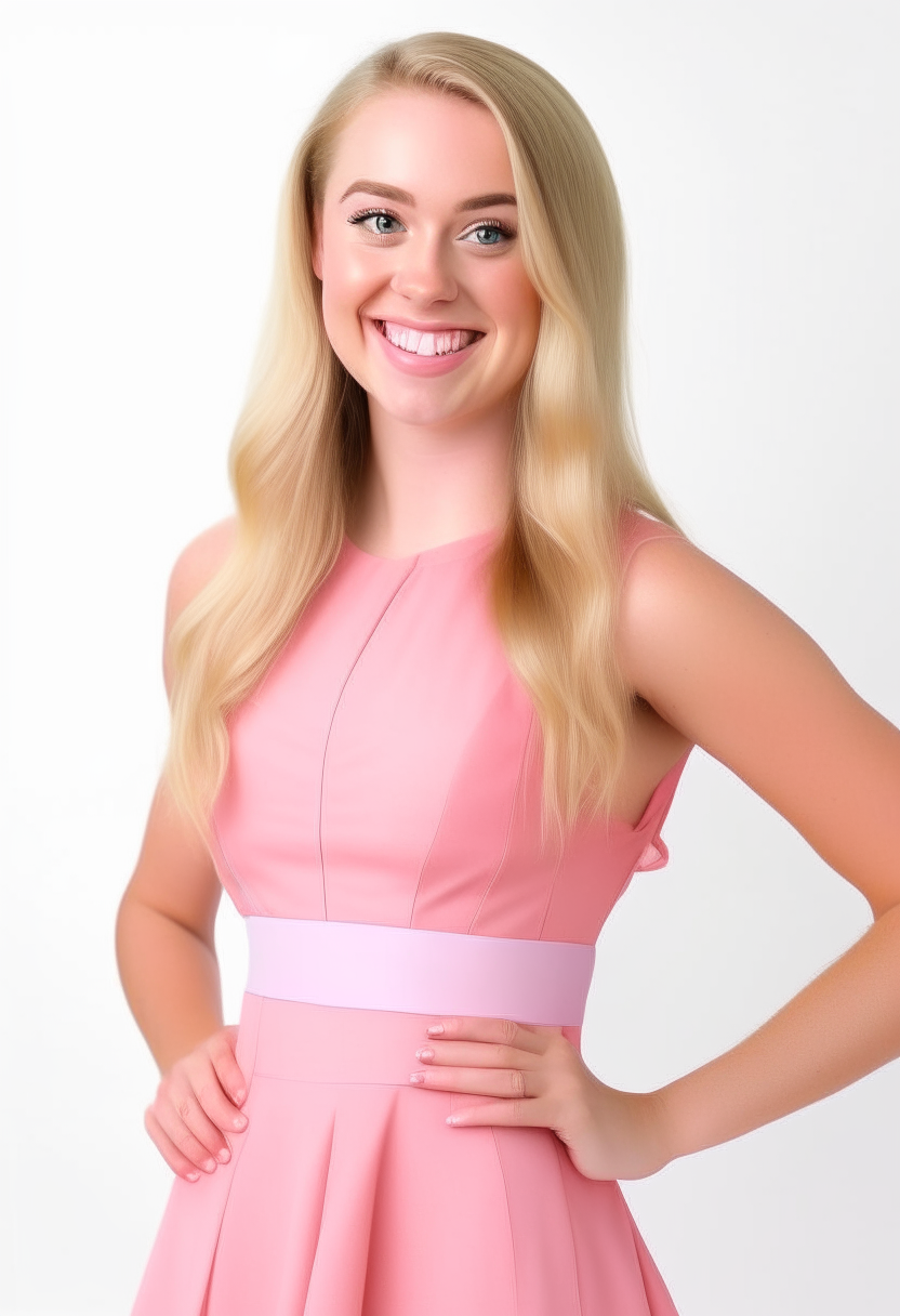 A young woman with long blonde hair in a ponytail, blue eyes, and light skin, wearing a sleeveless pink dress and pink high heels, standing facing the camera with a smile, portrait photo against a white background