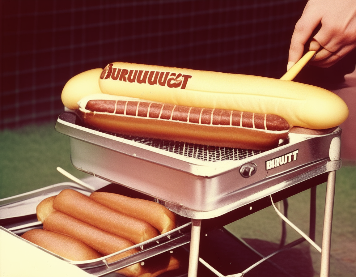 1970s style image of juicy bratwurst on a grill, advertising photograph