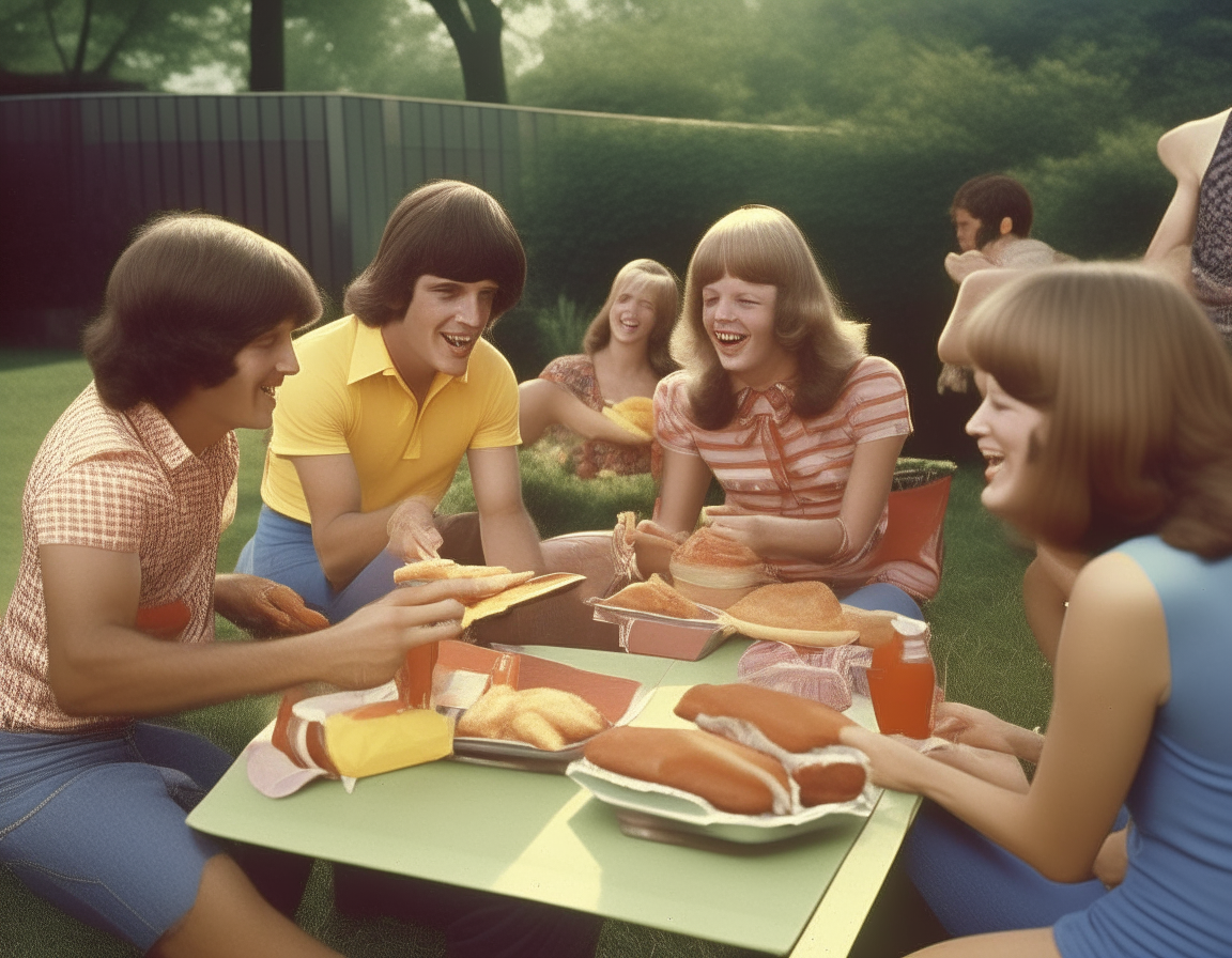 1970s style image of happy people eating hot dogs at a backyard bbq party