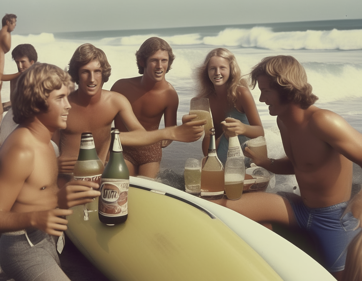 1970s style photograph of young people surfing and drinking beer on a beach