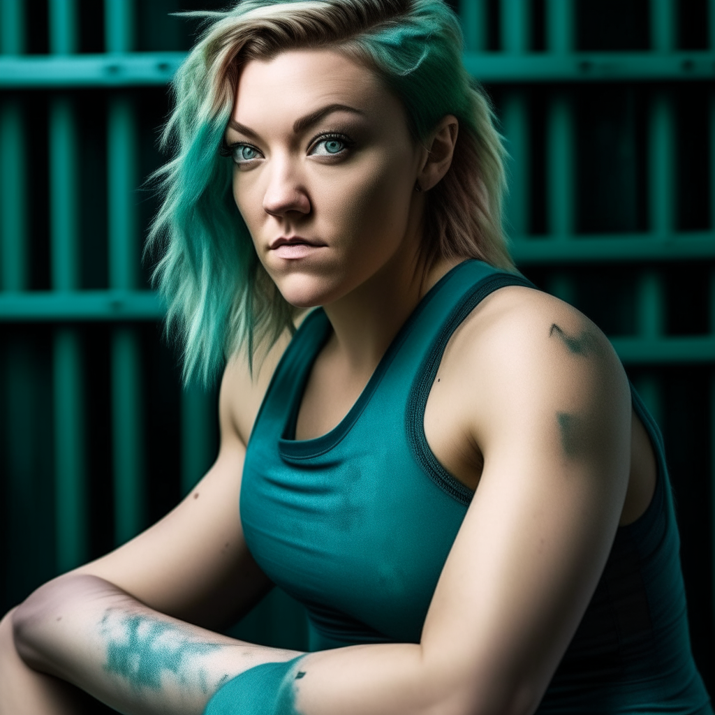 Natalie Dormer as a turquoise haired muscular CrossFit athlete, portrait photo showing her muscular thighs