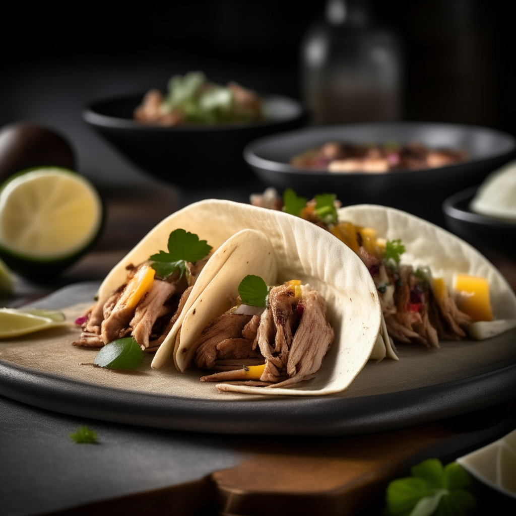 Griddle-grilled pork carnitas tacos plated dish, bright studio lighting, extremely detailed textures, razor sharp focus on the meat, masterpiece