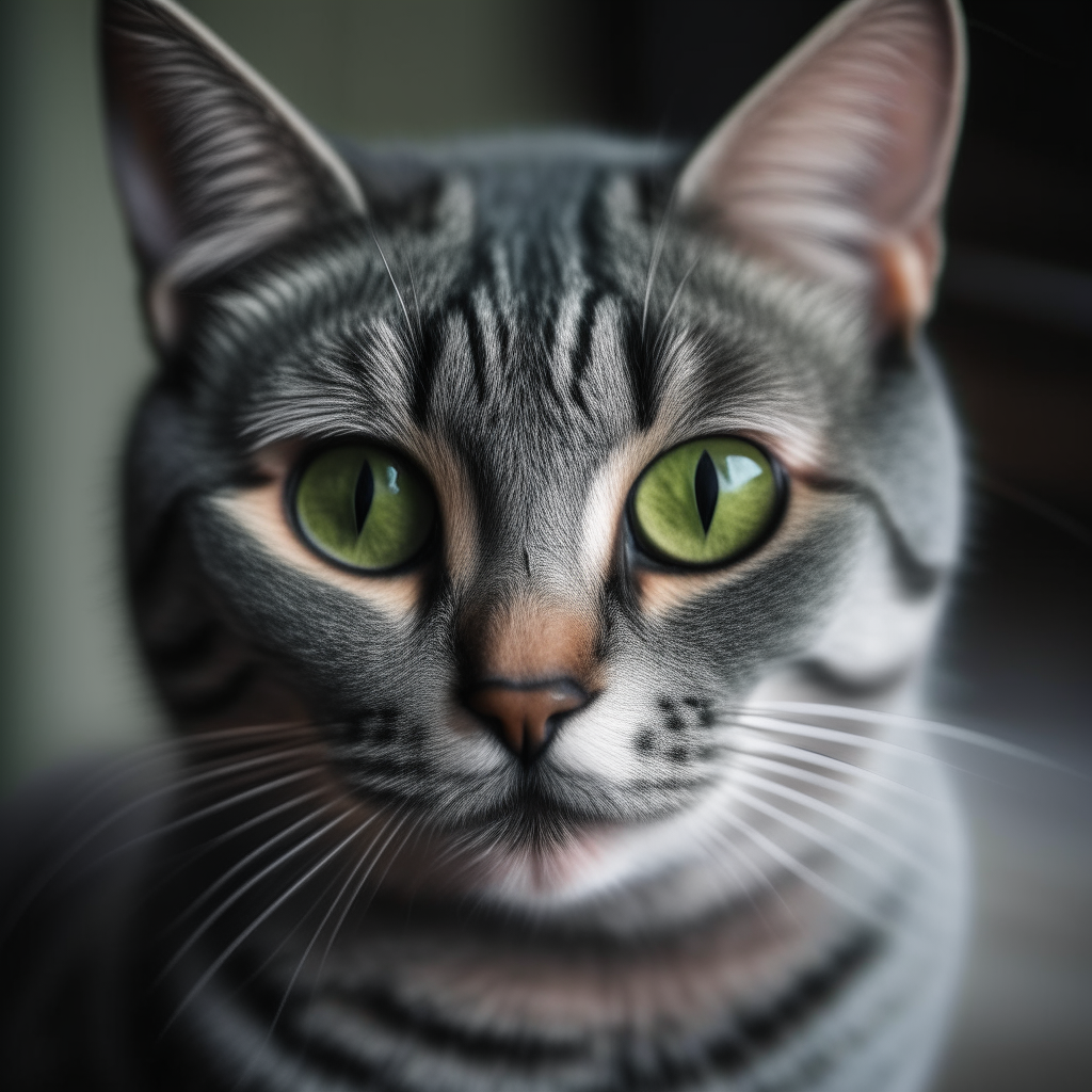 a close up portrait of a gray striped cat with green eyes