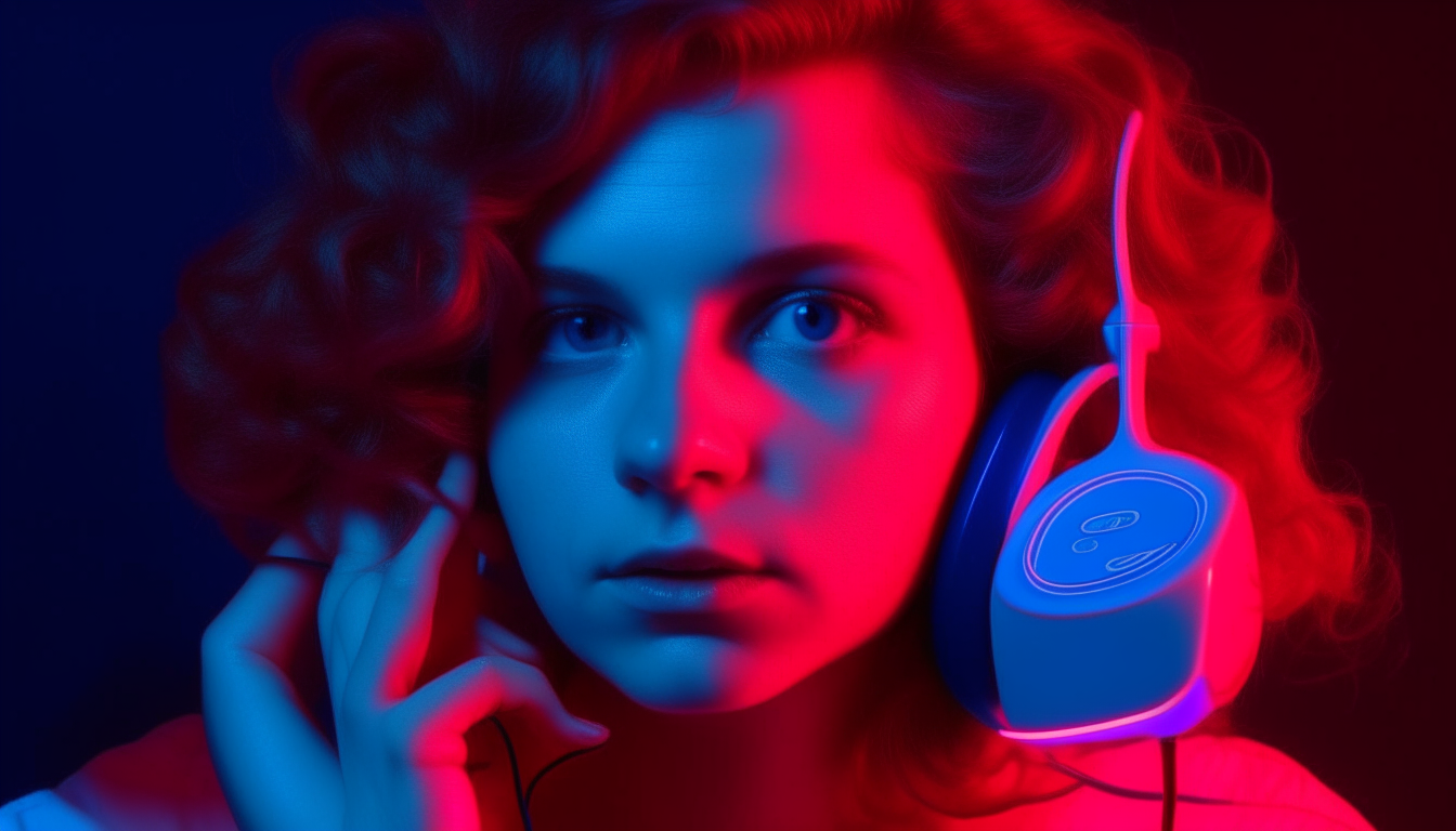 crie uma imagem realista de uma garota ruiva com fone de ouvido jogando fliperama nos anos 1980. no fliperama está escrito "SUPERWAVE" e as cores da imagem são azul e rosa neon