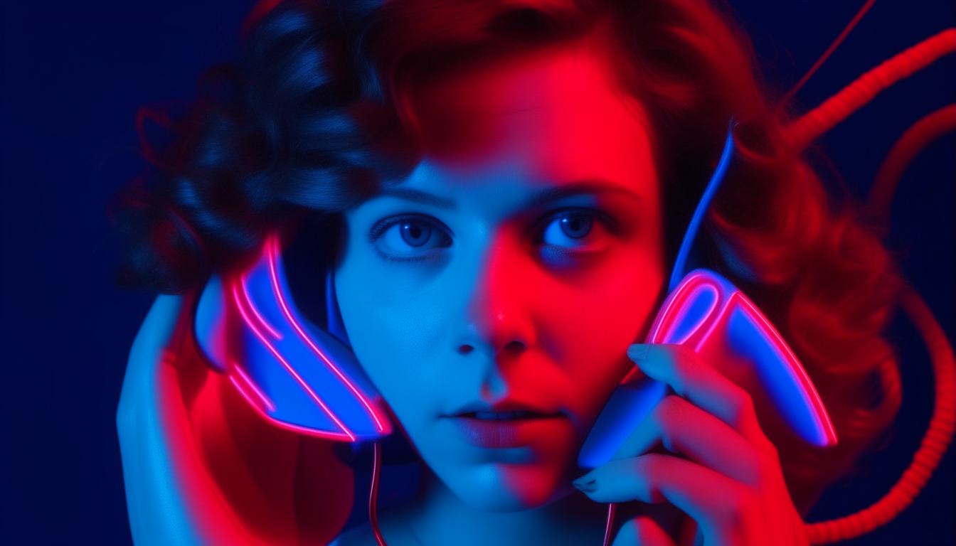 crie uma imagem realista de uma garota ruiva com fone de ouvido jogando fliperama nos anos 1980. no fliperama está escrito "SUPERWAVE" e as cores da imagem são azul e rosa neon