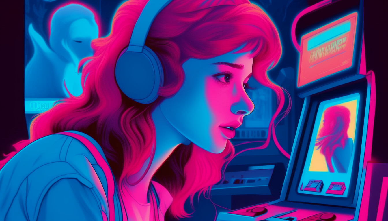 create an image of a red-haired girl with headphones playing arcade games in the 1980s. the arcade says "SUPERWAVE" and the colors in the image are neon blue and pink