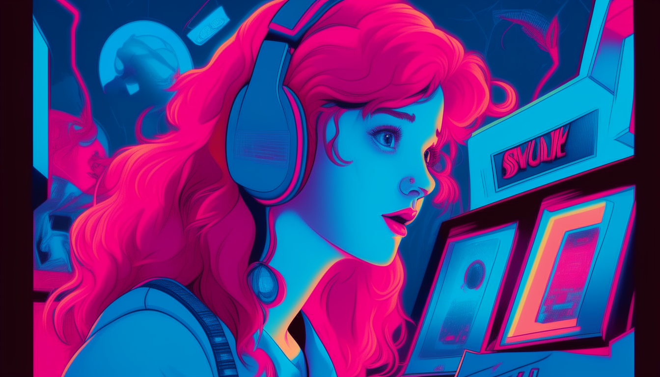 create an image of a red-haired girl with headphones playing arcade games in the 1980s. the arcade says "SUPERWAVE" and the colors in the image are neon blue and pink