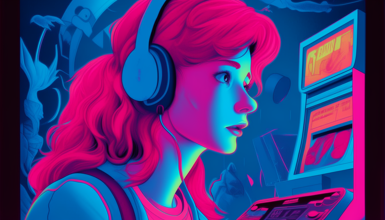 create an image of a red-haired girl with headphones playing arcade games in the 1980s. the arcade says "SUPERWAVE" and the colors in the image are neon blue and pink