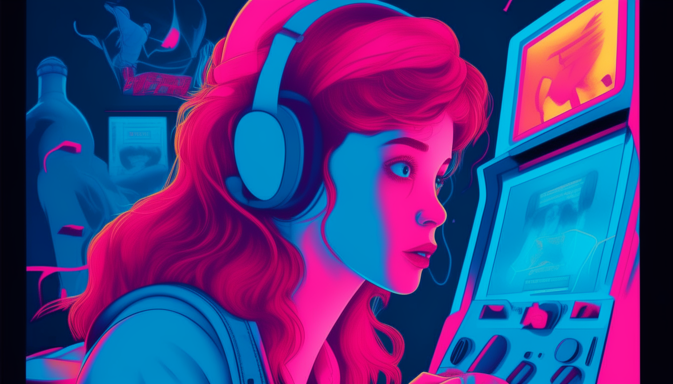 create an image of a red-haired girl with headphones playing arcade games in the 1980s. the arcade says "SUPERWAVE" and the colors in the image are neon blue and pink