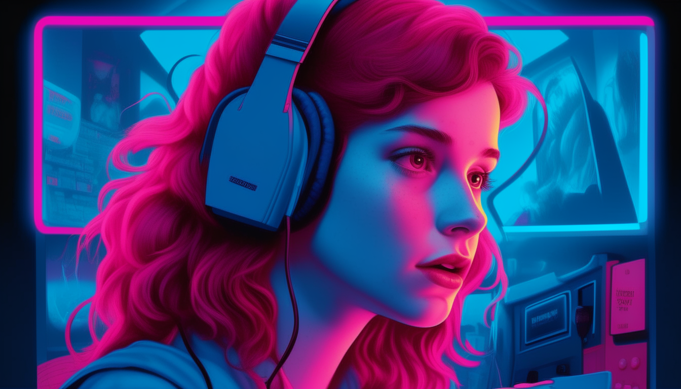 Create a realistic image of a red-haired girl with headphones playing arcade games in the 1980s. The arcade says "SUPERWAVE" and the colors in the image are neon blue and pink