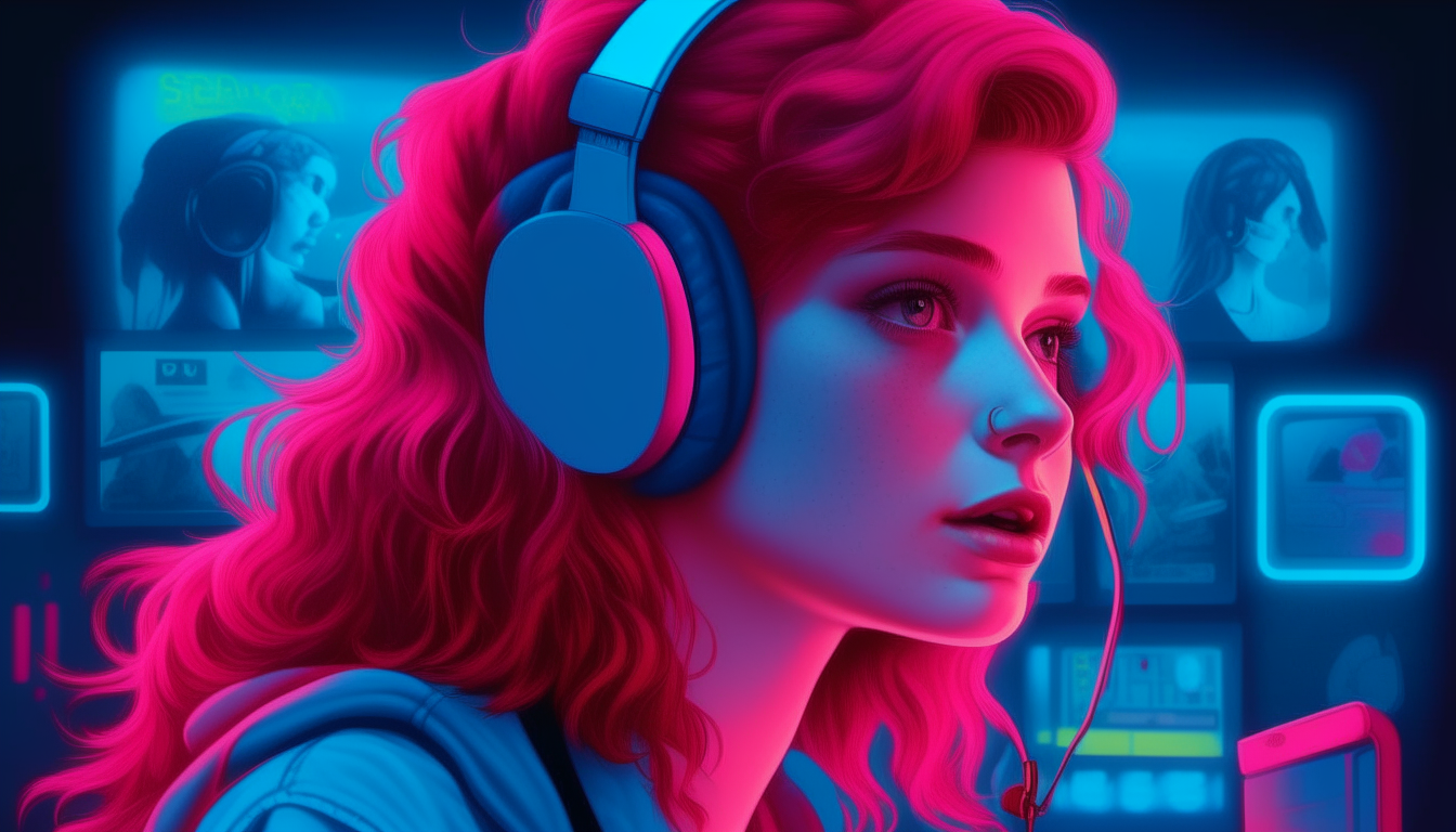 Create a realistic image of a red-haired girl with headphones playing arcade games in the 1980s. The arcade says "SUPERWAVE" and the colors in the image are neon blue and pink