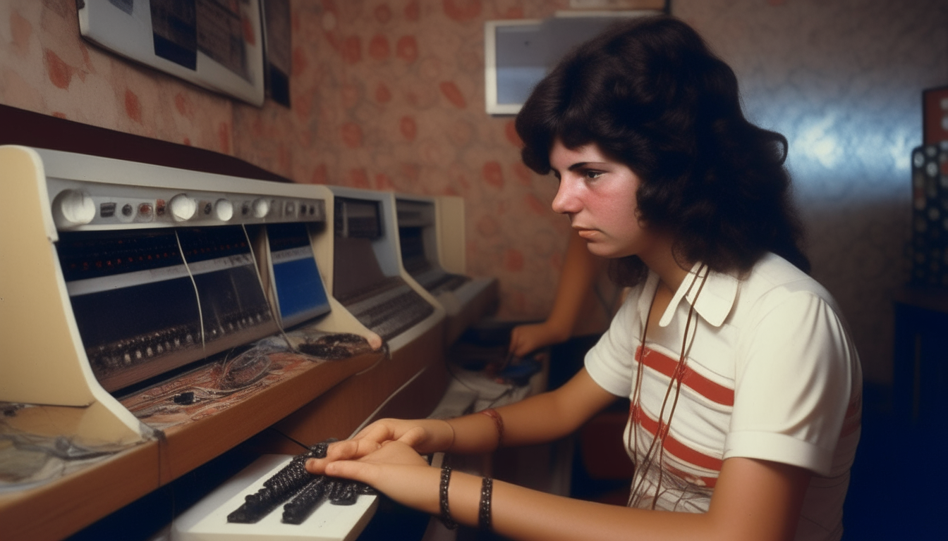 Garota ruiva jogando numa sala de fliperama dos anos 1980. ela está com fone de ouvido e o nome do jogo é "SUPERWAVE"