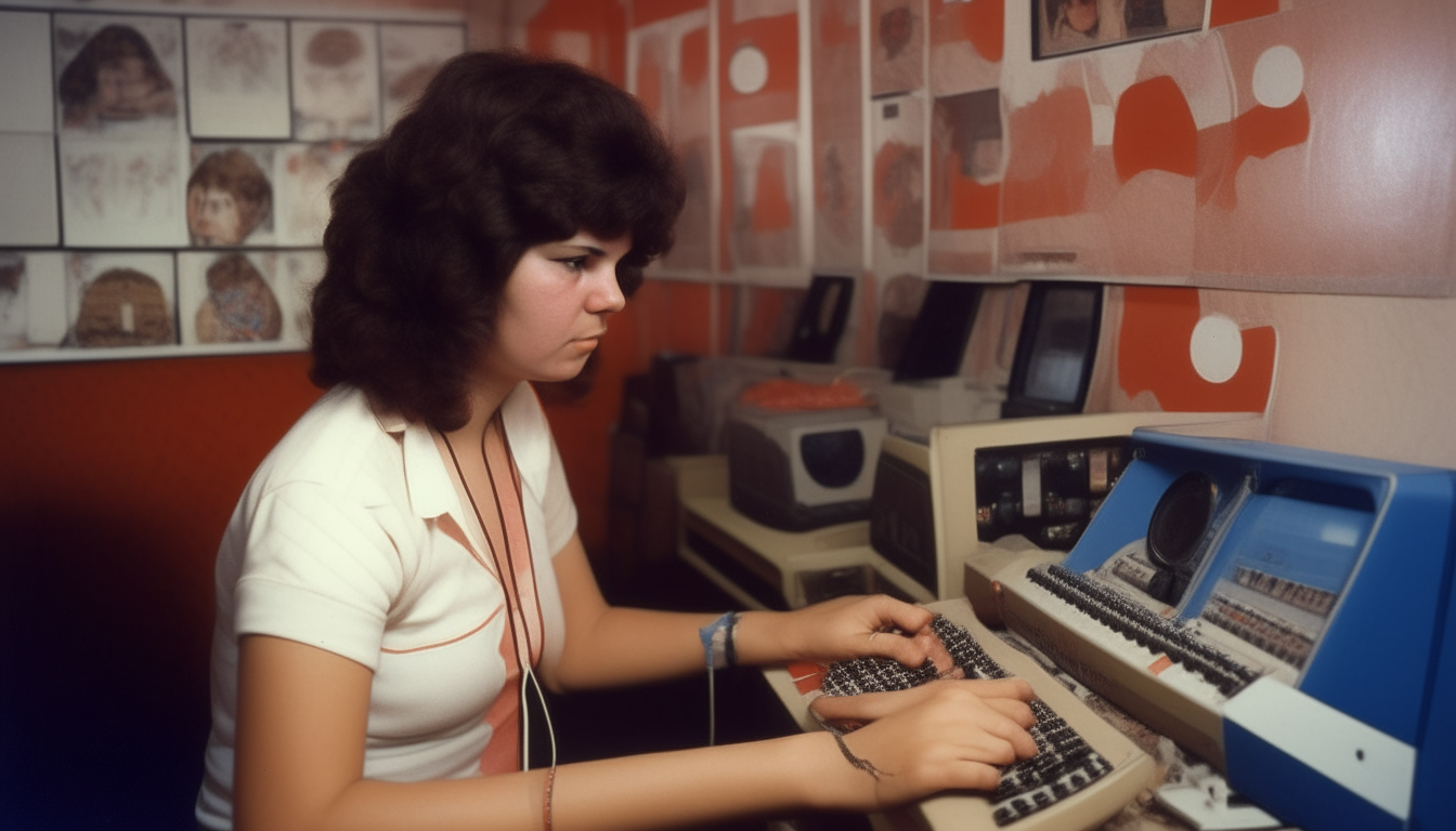Garota ruiva jogando numa sala de fliperama dos anos 1980. ela está com fone de ouvido e o nome do jogo é "SUPERWAVE"
