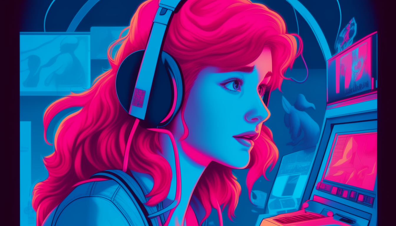 Create a image of a red-haired girl with headphones playing arcade games in the 1980s. The arcade says "SUPERWAVE" and the colors in the image are neon blue and pink