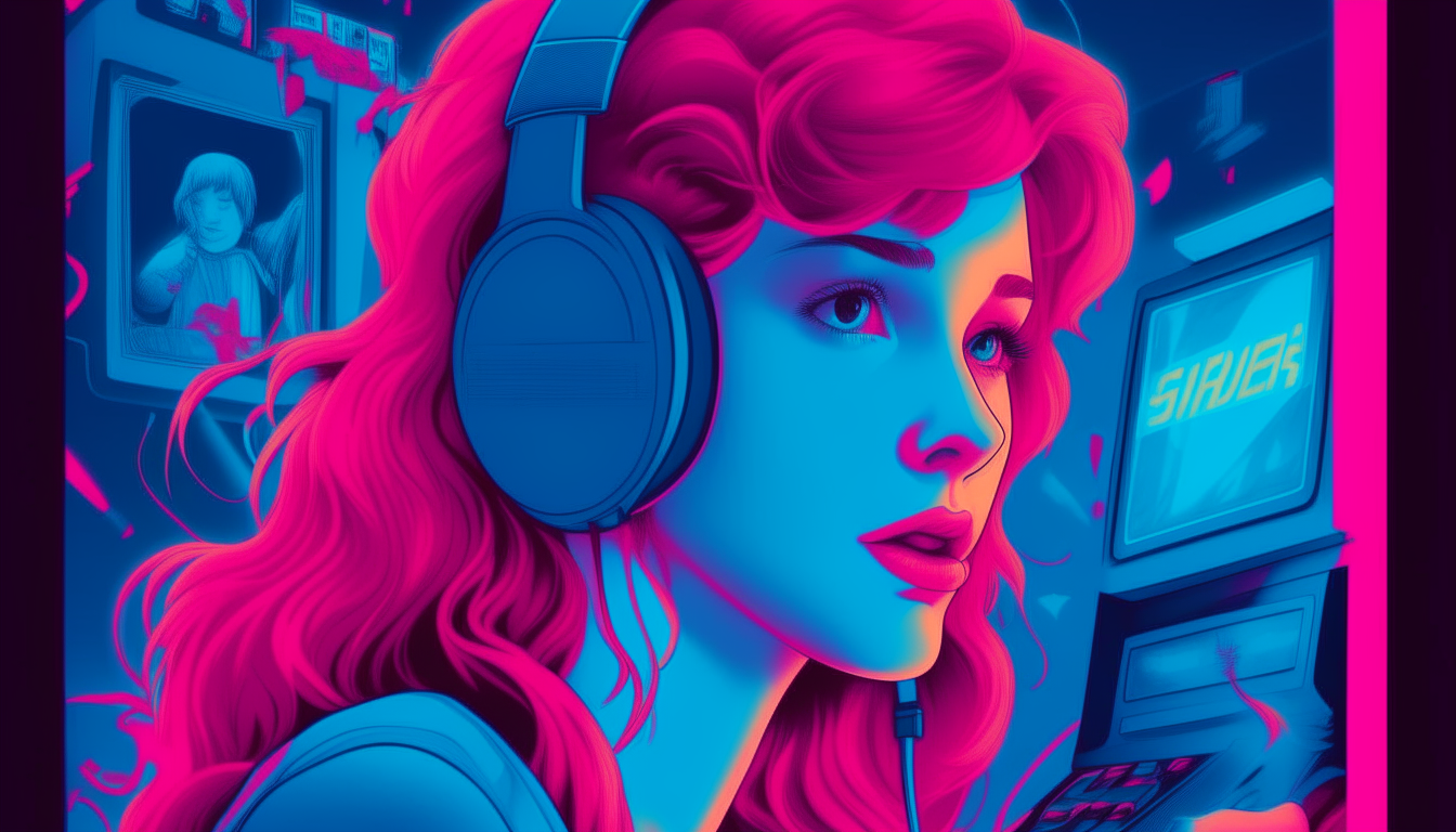 Create a image of a red-haired girl with headphones playing arcade games in the 1980s. The arcade says "SUPERWAVE" and the colors in the image are neon blue and pink