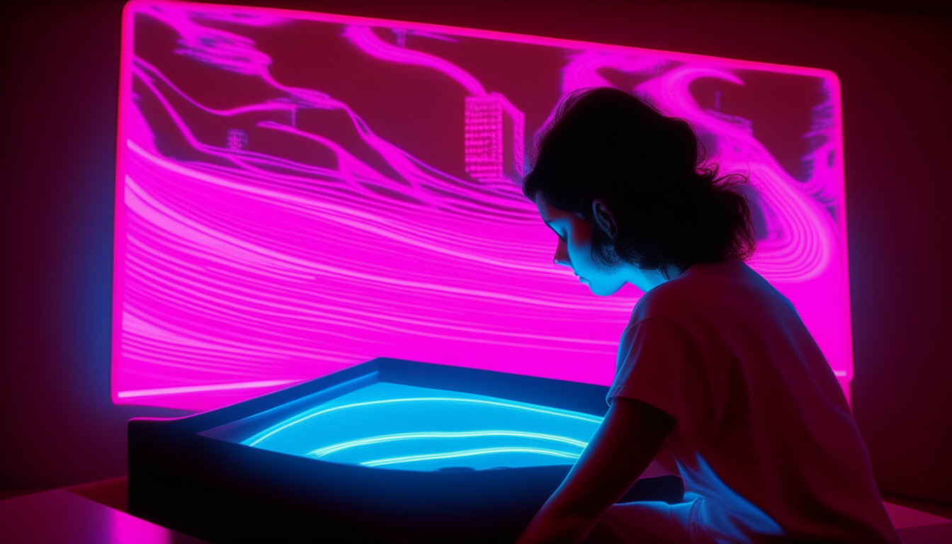 crie uma imagem realista de uma garota jogando fliperama nos anos 1980. na tela do fliperama está escrito SuperWave. As cores da imagem devem ser neon azul e rosa