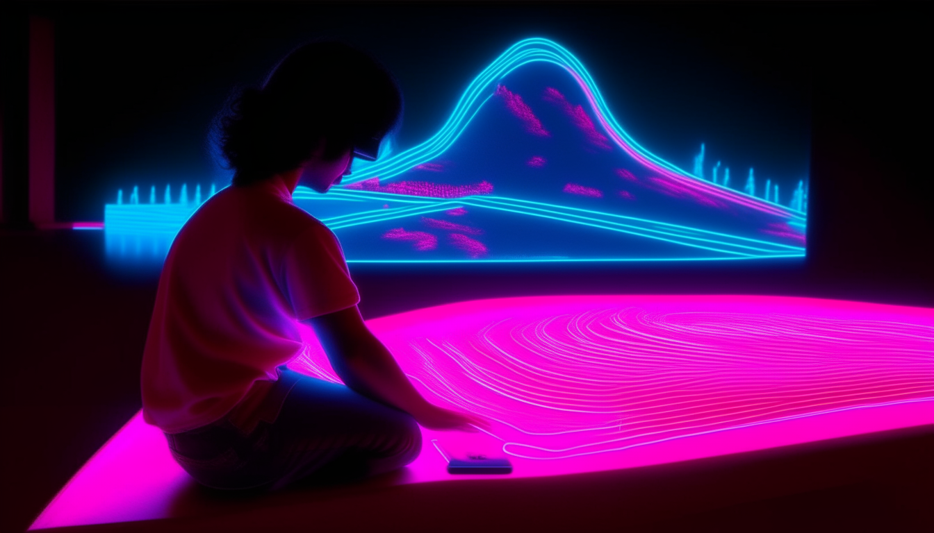 crie uma imagem realista de uma garota jogando fliperama nos anos 1980. na tela do fliperama está escrito SuperWave. As cores da imagem devem ser neon azul e rosa