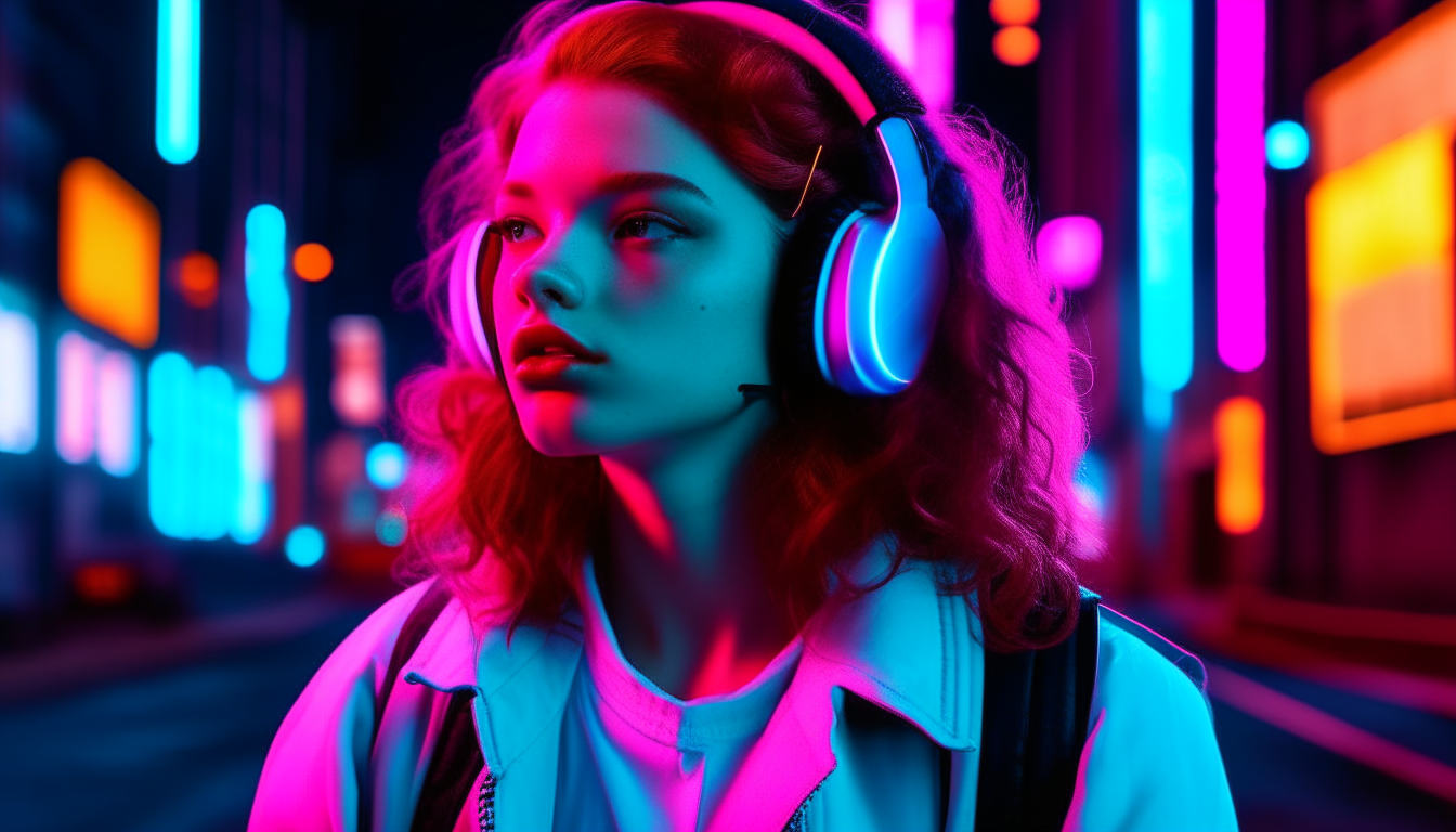 redhead girl with headphone standing in a 1980's cityscape, image has neon blue and pink lighting
