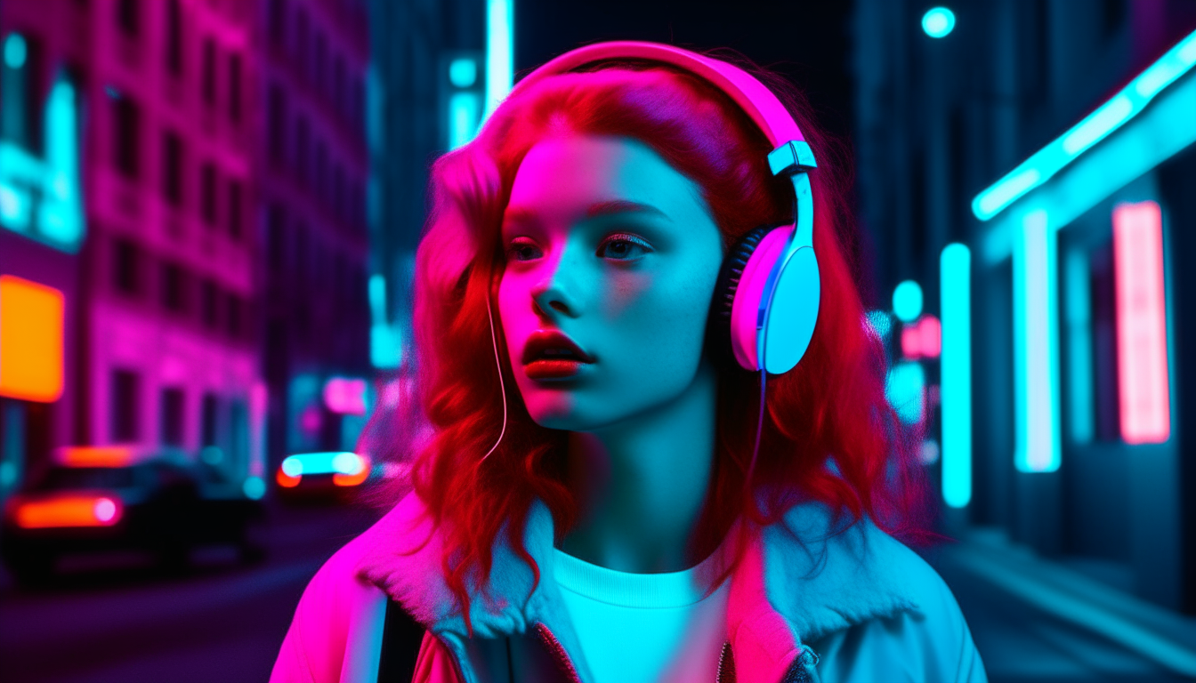 redhead girl wearing headphones in a 1980's city, image is neon blue and pink