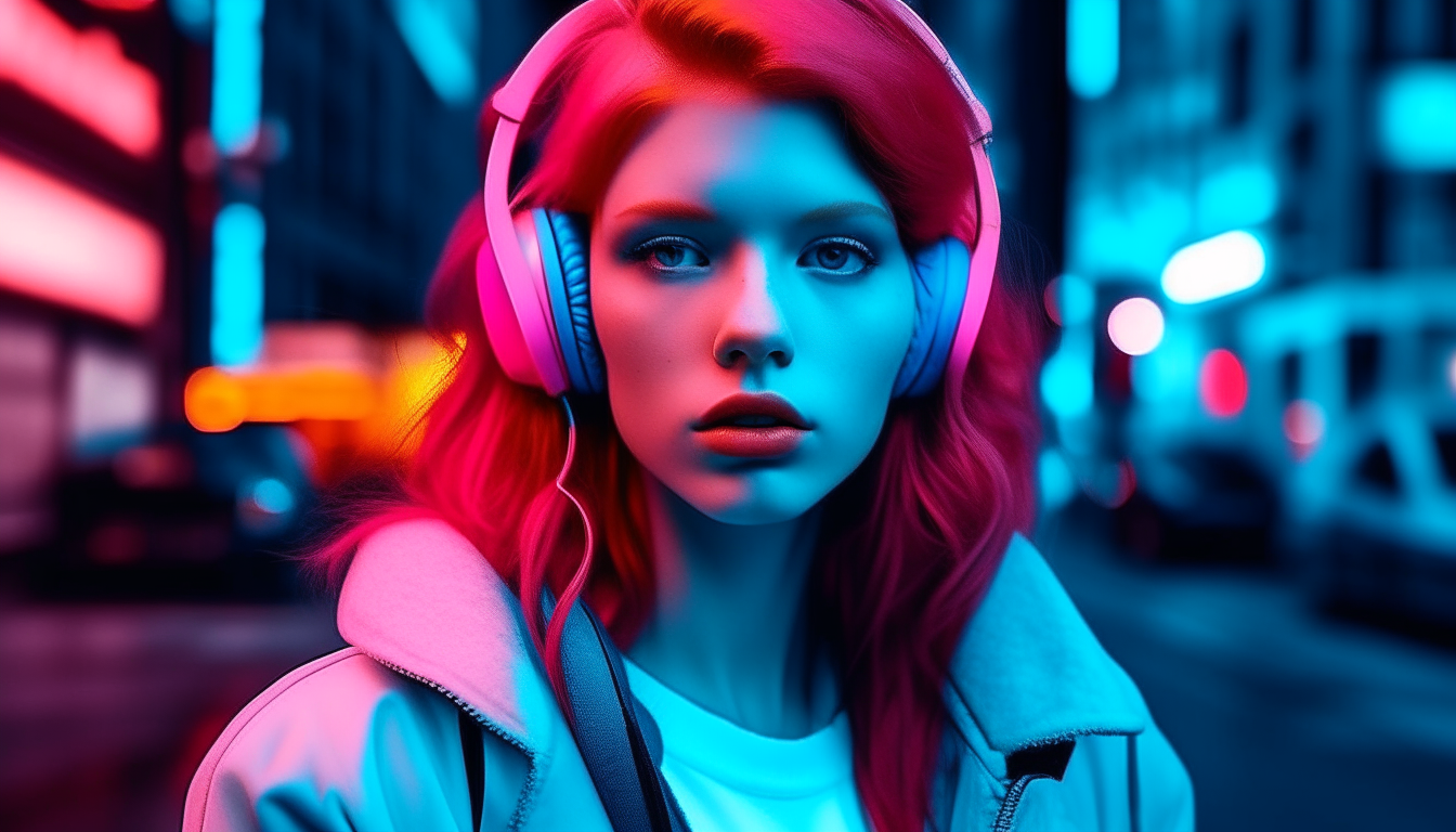 redhead girl with headphone in center city of 80's. image color neon blue and pink,