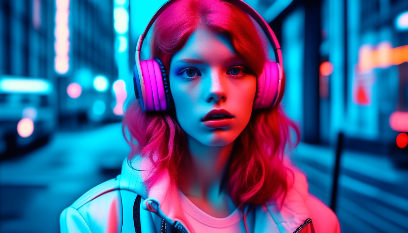 redhead girl with headphone in center city of 80's. image color neon blue and pink,