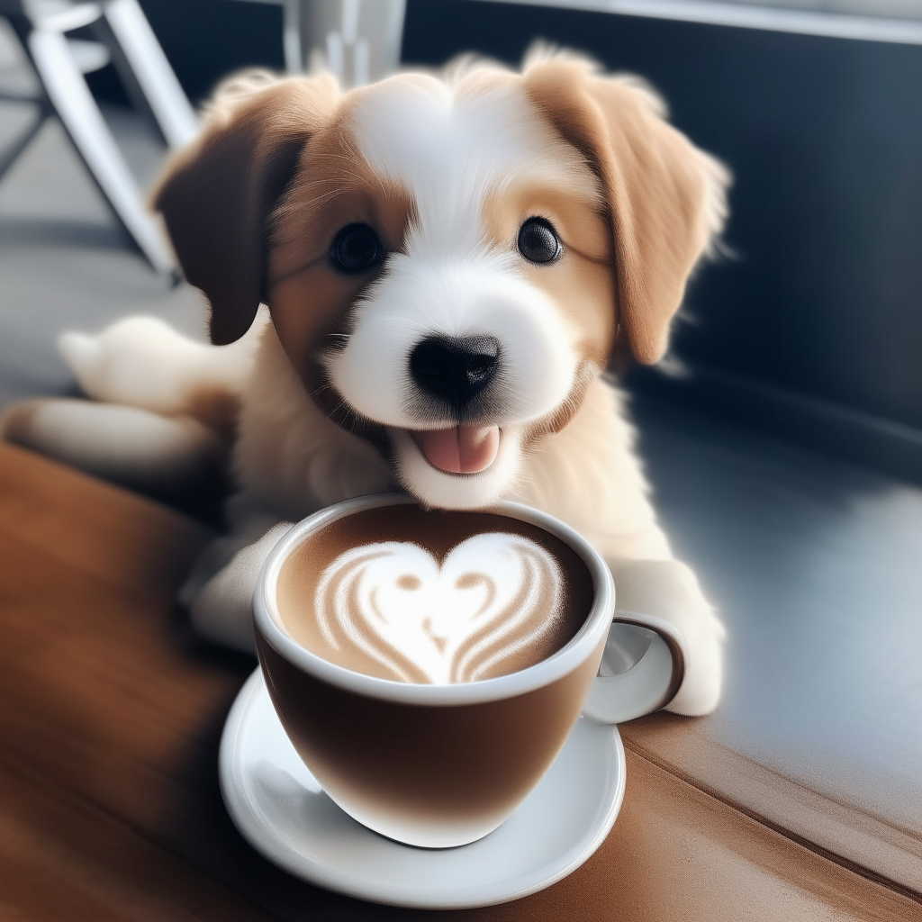 a happy puppy drinking a latte with heart-shaped foam art