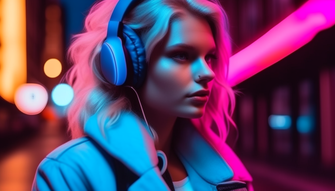 blond girl with headphone in center city of 80's. image color neon blue and pink