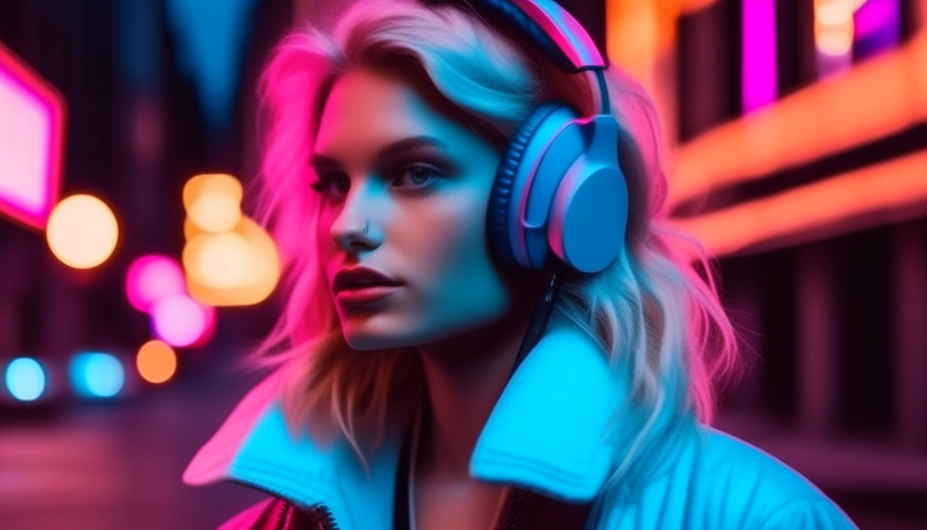blond girl with headphone in center city of 80's. image color neon blue and pink