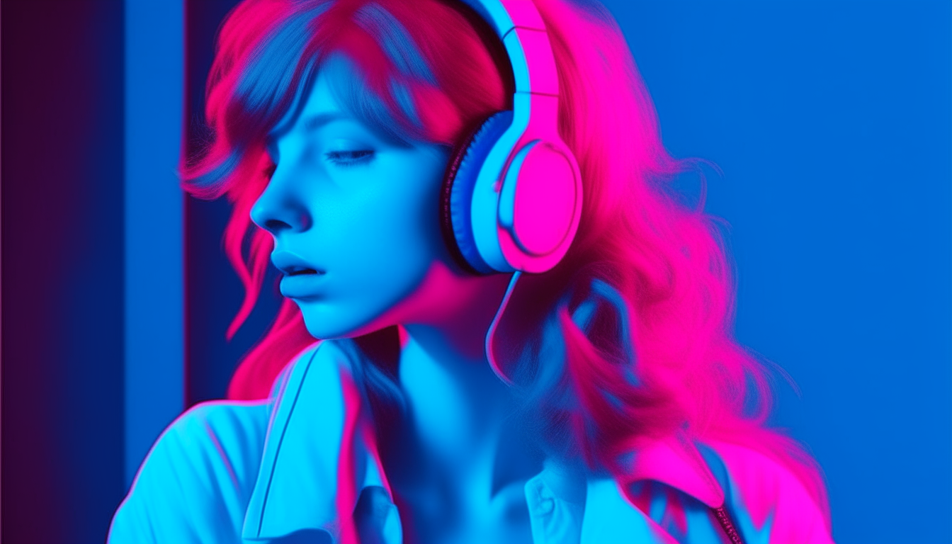 redhead girl with headphone in room game of 80's. image color neon blue and pink