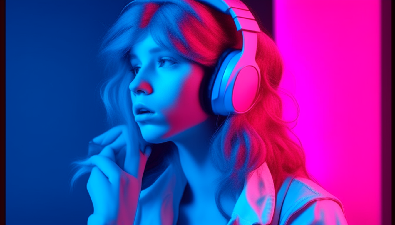 redhead girl with headphone in room game of 80's. image color neon blue and pink