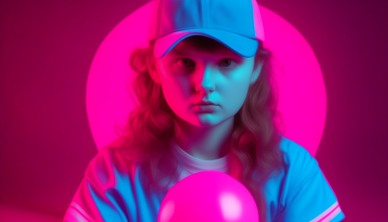 girl with play pimball of 80's. image color neon blue and pink