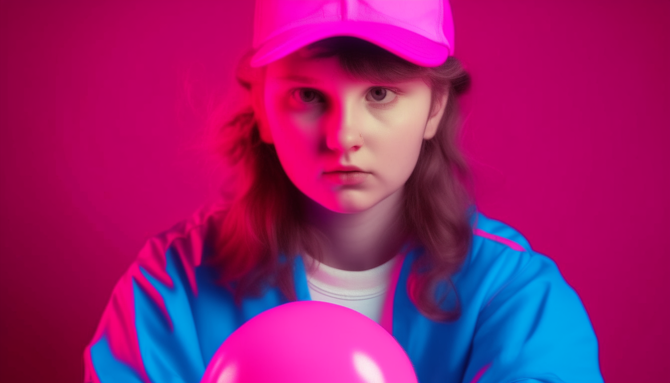 girl with play pimball of 80's. image color neon blue and pink