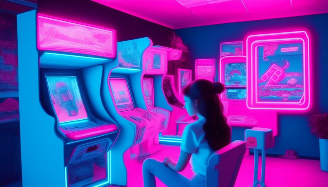 girl play arcade room of 80's. image color neon blue and pink